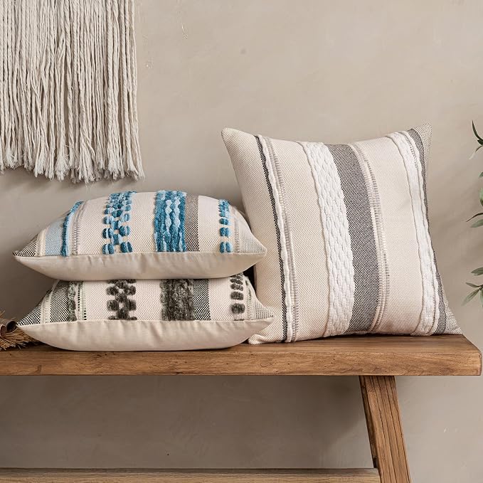 ANRODUO Boho Decorative Pillow Covers 18x18 Sky Blue Stripe 3 Pack of 2 | Throw Pillow Covers, Farmhouse Cushion Case, Chenille Pillow Cases, Pillow Covers, Accent Neutral Pillowcase for Sofa Couch