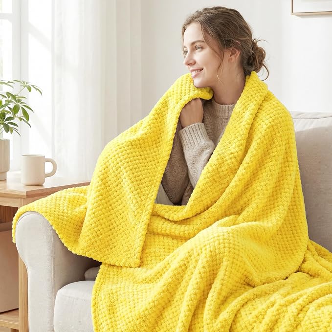 Exclusivo Mezcla Large Waffle Fleece Throw Blanket for Couch, Yellow | Lightweight Soft Blanket for Sofa, Bed, Living Room, Plush Fluffy Throw for Home Decor, Travel, All Season, 50x70 Inches