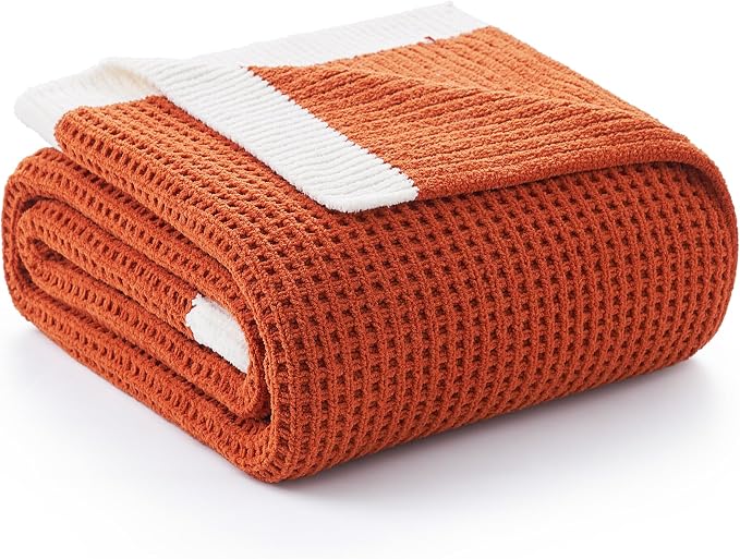 Chenille Throw Blanket, Soft Cozy Waffle Throw for Couch & Sofa, Warm Yet Lightweight, Breathable All-Season Throws for Women Men, Housewarming, Birthdays, 50"x60", Orange