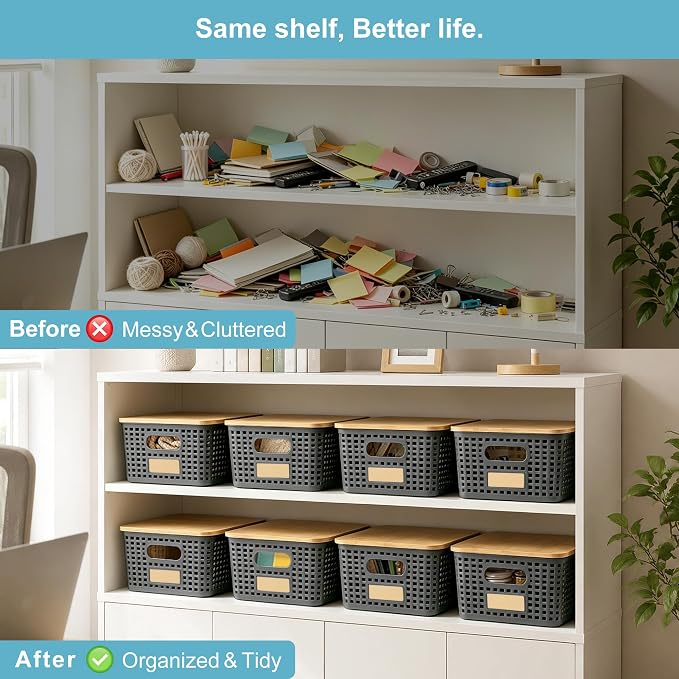 Small Plastic Storage Bins with Bamboo Lids 5.2qt Stackable Box Basket Pantry Decorative Containers Cute with Lable for Organizing Desktop Closet Office Gray of 6 packs 10 * 7.2 * 4.1"