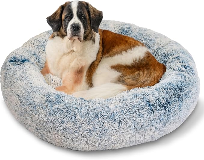 Best Friends by Sheri The Original Calming Donut Dog Bed for Extra-Large Dogs up to 150 lbs, Shag Faux Fur, Denim Blue, 45" x 45"