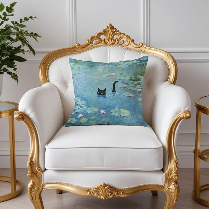 Black Cat Art Painting Throw Pillow Covers 18x18, Aesthetic Black Cat Decor Pillow Covers, Vintage Cats Decor for Room Bedroom, Cats Lovers Lady Mom Grandma Gifts