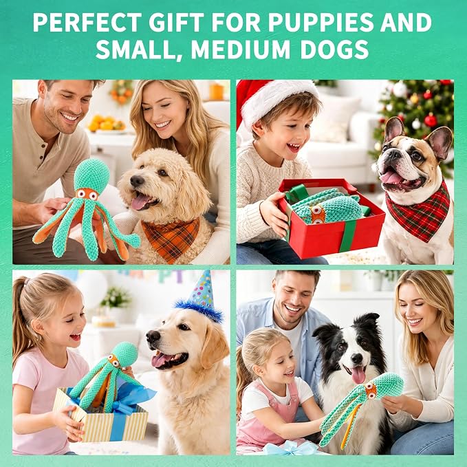 Fuufome Squeaky Octopus Plush Dog Toy for Small Medium Dogs | Soft Crinkle Chew Toy for Puppies Teething, Indoor Interactive Tug-of-War Dog Toy