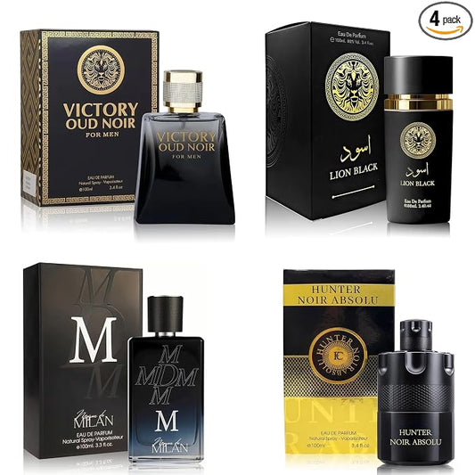 A CENTER Men's Cologne Gift Set of 4(MDM&HunterNo&LionBla&VictoryOUD) - 3.4 Fl Oz Each | Vanilla Bourbon, Leather & Amber Floral Fragrance | Luxury Eau de Toilette