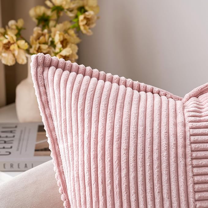 MIULEE Decorative Throw Pillow Covers for Couch 18x18 Inch Pink 2 Pack | Boho Broadside Striped Patchwork Pillow Covers, Soft Corduroy Cushion Cases, For Sofa Bed Livingroom Home Decor