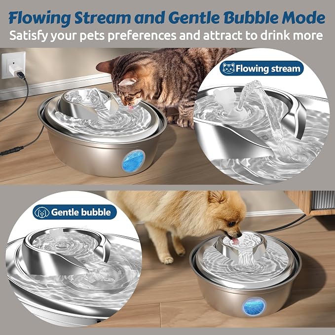 ORSDA Stainless Steel Cat Water Fountain, Automatic Pet Drinking Fountain, 67oz/2L Dog Pet Water Dispenser with Visual Water Level Window for Cats and Small Dogs- 6 Filters +3 Pump Sponges (D36)