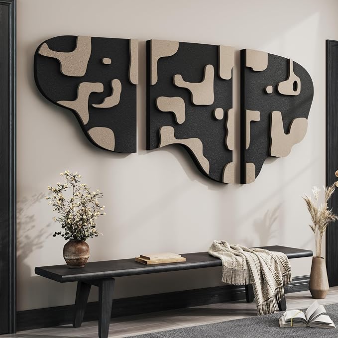 Large 3D Textured Modern Abstract Wall Art Decor for Living Room, 3 Piece Black and Beige Minimalist Artwork for Walls, Geometric Sandstone Texture Wall Decor for Hallway, Bedroom, Office, 24x36