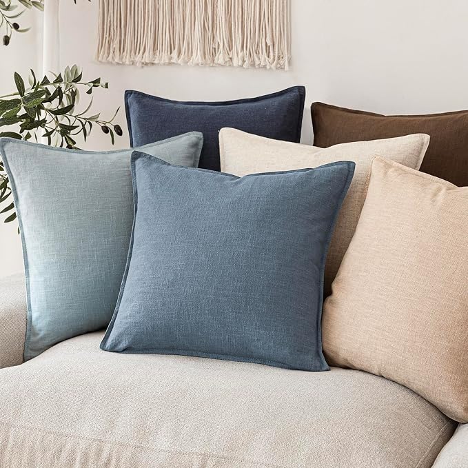 Foindtower Set of 2, Decorative Linen Solid Throw Pillow Covers Soft Accent Euro Cushion Case Boho Farmhouse Neutral Pillowcase for Couch Sofa Bedroom Living Room Home Decor 18 x 18 Inch Misty Blue