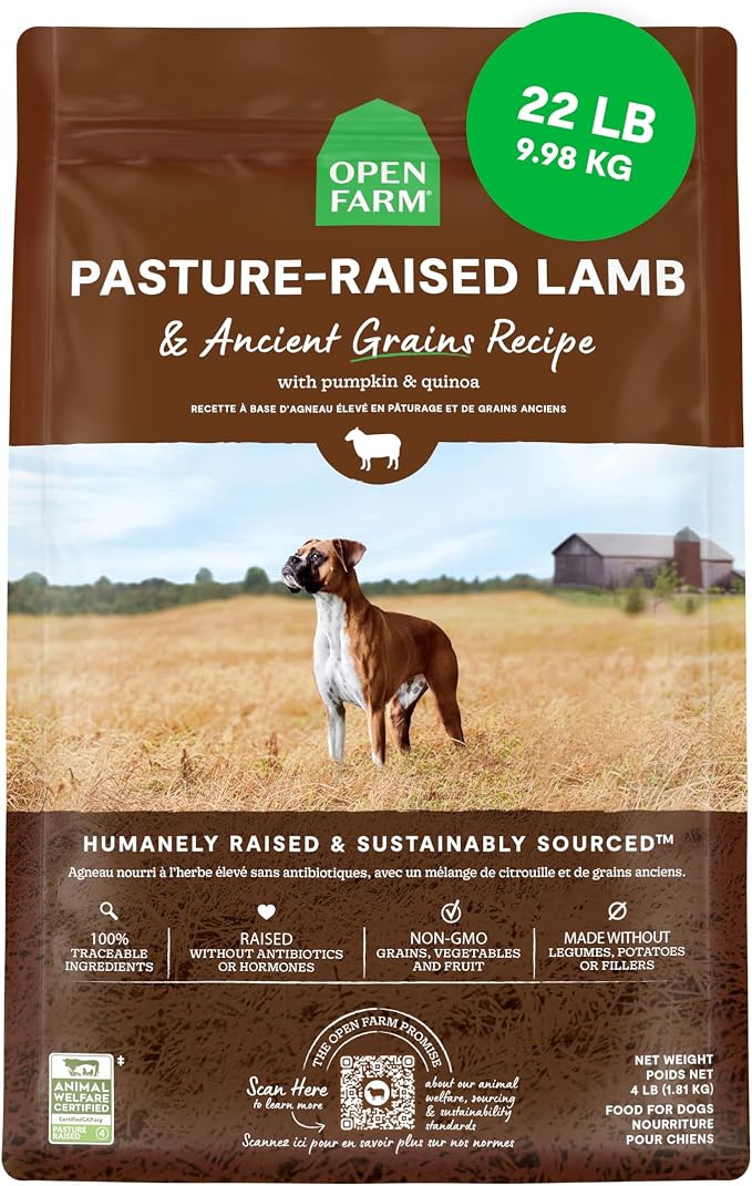 Open Farm Ancient Grains Dry Dog Food, Pasture Raised Lamb Kibble, 22lb Bag | All Life Stages, All Breed Sizes, Protein-Rich & Nutrient Dense, 100% Traceable Ingredients, Non-GMO Fruits & Veggies.