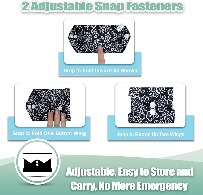 Wegreeco Reusable Menstrual Pads - Soft Cloth Sanitary Pads | Panty Liners - 6 Pack with 1 Cloth Wet Bag (Black, Grey Lace, Large)