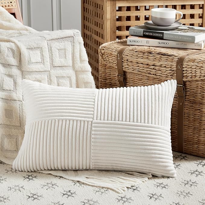 Fancy Homi Cream White Lumbar Decorative Throw Pillow Covers 16x32 Inch for Living Room Couch Bed Sofa, Rustic Farmhouse Boho Home Decor, Soft Striped Corduroy Rectangle Accent Cushion Case 40x80 cm