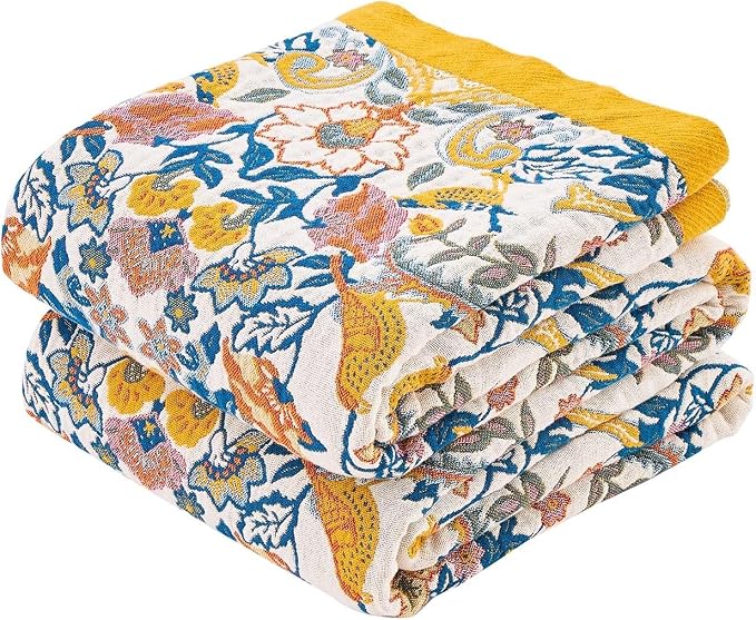 XIBLC Boho Blanket Throw Quilt, 100% Cotton Soft Light Weight Throw Blankets for Summer, 80"x90" Farmhouse Flower Decorative Blankets, All Season Rustic Reversible Bohemian Throw Quilt