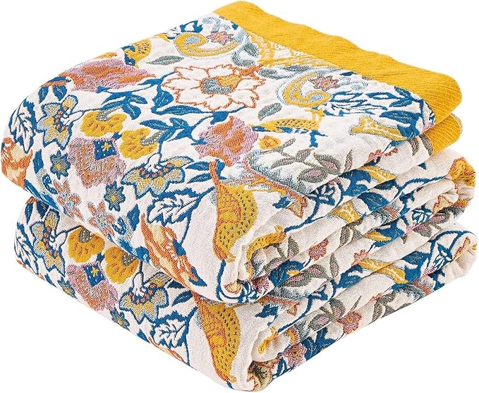 XIBLC Boho Blanket Throw Quilt, 100% Cotton Soft Light Weight Throw Blankets for Summer, 60"x80" Farmhouse Flower Decorative Blankets, All Season Rustic Reversible Bohemian Throw Quilt