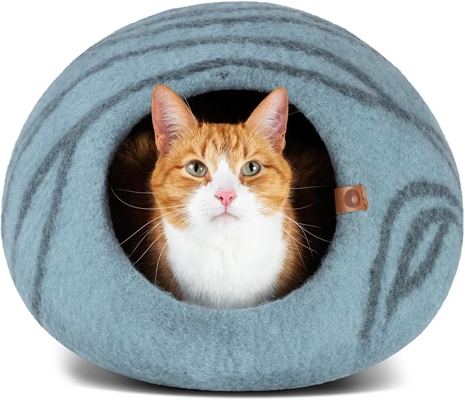 Cat Cave - Merino Wool Bed for Indoor Cats (Aquamarine, Large) | Cat Bed Enclosure, Premium Felt, Handmade, Super Soft, Lightweight, Breathable, Adjustable Shape