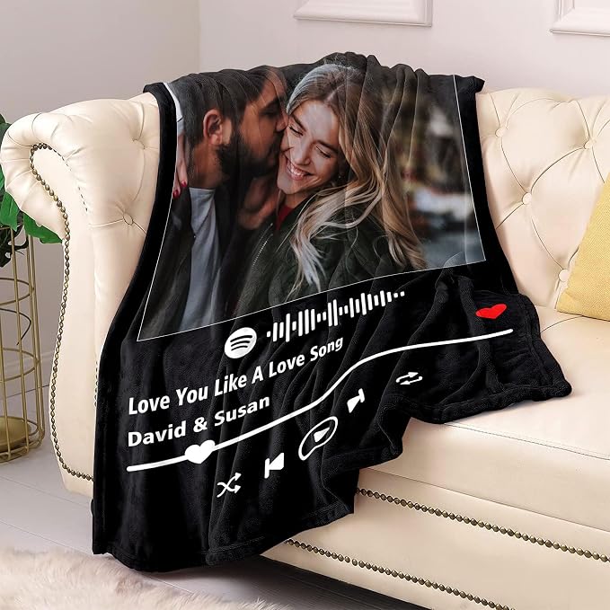 Custom Spotify Code Music Blanket Customize Blankets with Picture Text Customized Thows Photo Blanket Personalized Valentines Mothers Day Birthday Gifts for Mom Dad Girlfriend Boyfriend Wife Husband