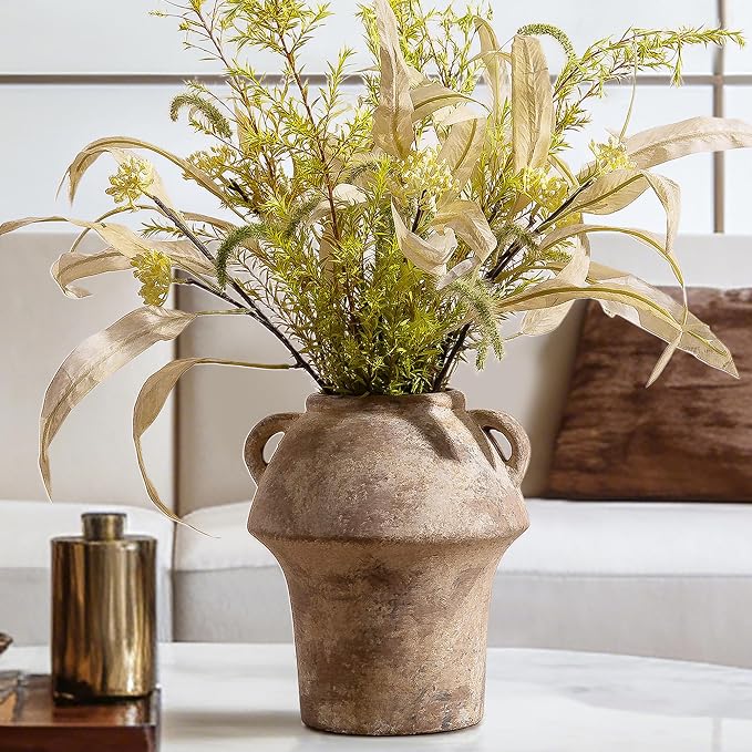 Rustice Vase for Flowers, 7in Decorative Farmhouse Vases for Pampas Grass, Vintage vase for Centerpieces, Terracotta Wide Open Vases with Handle, Unique Ceramic Vase by Lyeec