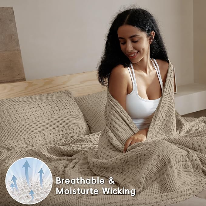 PHF 100% Cotton Waffle Weave Blanket King Size, Lightweight Breathable Summer Blanket for Hot Sleepers, Pre-Washed Soft Layer for Bed, Couch, Home Decor Gift, 108"x90", Taupe