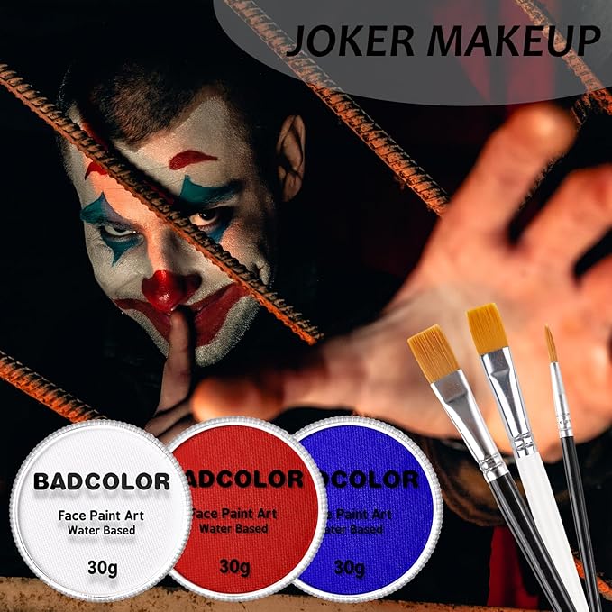 US Flag Red White And Blue Joker Face Body Paint, Water-Based Face Painting Kit with Brushes for America’s Patriotic Parades 4th of July USA Independence Day & Halloween Costume Clown Cosplay Makeup