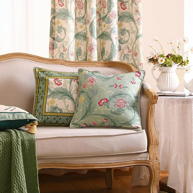 patdrea Designer French Vintage Linen Throw Pillow Cover,18"x18"-Cecilia B | Decorative Pillow Case with Zipper,Green Floral Pattern,Cushion Coverfor Couch Living Room Bedroom Sofa