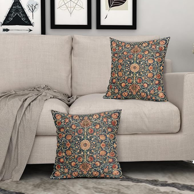 Vintage Floral Pillow Covers 18X18 Inch Set of 2 Burnt Orange Flowers Botanical Decorative Square Pillow Cases Navy Blue Art Cushion Case Farmhouse Home Decor for Sofa Couch Bedroom Outdoor