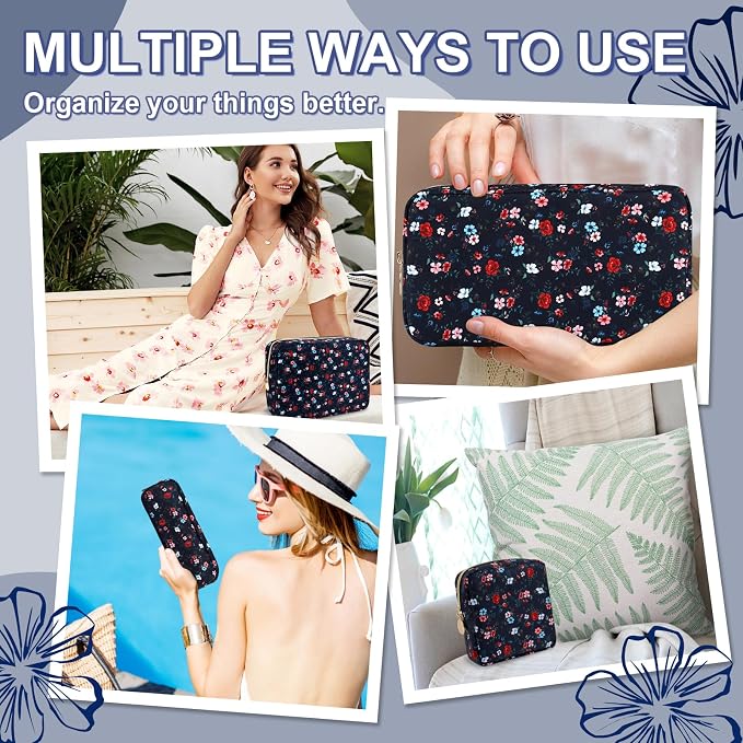UIXIZQ Waterproof Small Floral Pencil Case Makeup Bag for Purse,Cute Flower Pencil Pouch Preppy Nylon Makeup Brush Holder with Zipper,Girls Portable Storage Case Pen Bag for Work(Slim Black-Flowers)