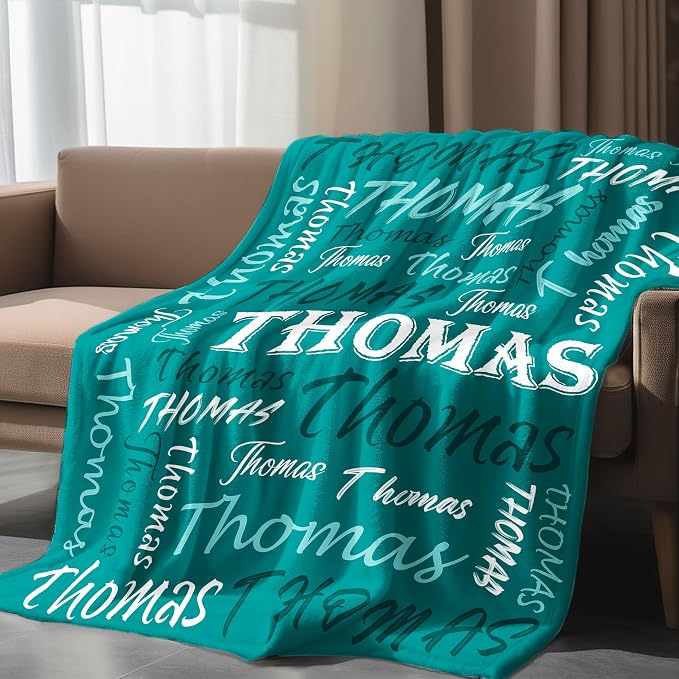 Personalized Custom Teal Theme Light Soft Flannel Fleece Throw Blanket with Name for Men, Women, Boys, Girls, Kids - Customized Name Gifts for Birthday, Christmas, Valentines Day