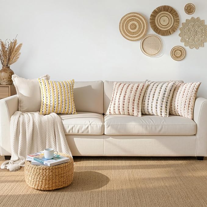 ANRODUO Boho Decorative Pillow Covers Yellow Cream 20x20 Inch Set of 2 | Chenille Tufted Pillow Covers, Woven Throw Pillow Covers with Raised Stripes, Neutral Pillowcase for Couch Sofa Living Room