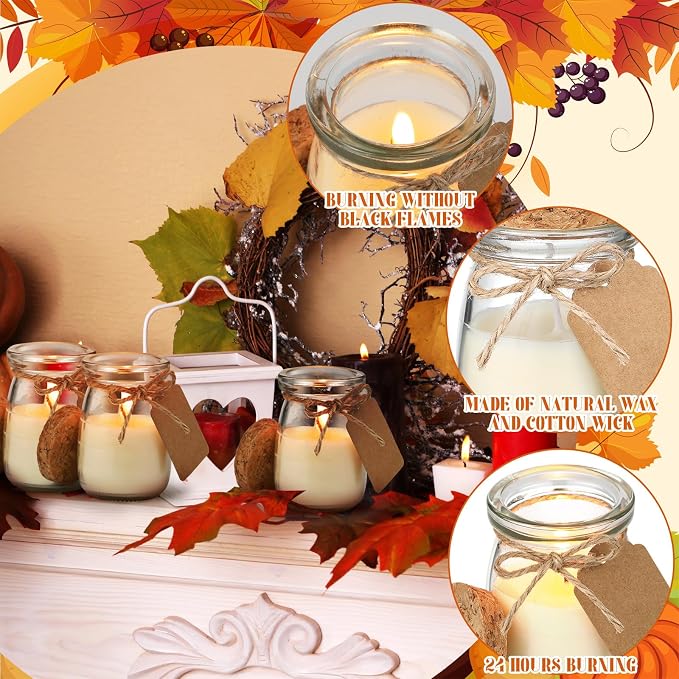 MTLEE 24 Pcs Fall Jar Candles Holiday Candle Gifts Natural Wax Jar with DIY Tag Cards Gift for Halloween Party Favor Home Supply Decor, Scents of Fall Wreath/Pumpkin/Apple/Comfort