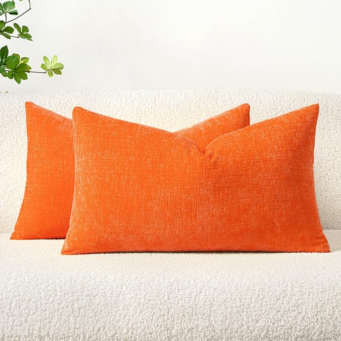 MIULEE Chenille Fall Lumbar Throw Pillow Covers Bright Orange 12x20 | Pack of 2, Modern Fall Decor, Classic Decorative Pillows, Solid Dyed Cases, Couch Cushion Covers for Sofa Bed Living Room