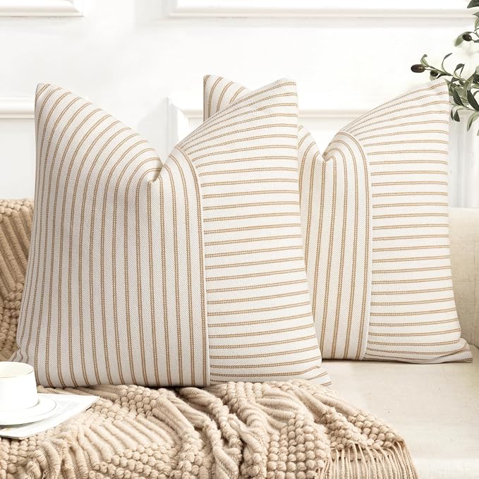 YCOLL Farmhouse Pillow Covers 20x20, Modern Accent Square Throw Pillow Covers Set of 2, Khaki and Beige Striped Patchwork Linen Decorative Pillows Cushion Covers for Couch Chair Bedroom Home Decor