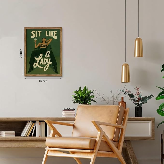 Framed Feminist Wall Art, Vintage Sit Like a Lady Green Wall Decor, Bold Girl Power Feminine Poster Print, Retro Empowering Female Canvas Painting Aesthetic for Bedroom Dorm 16x24 inch