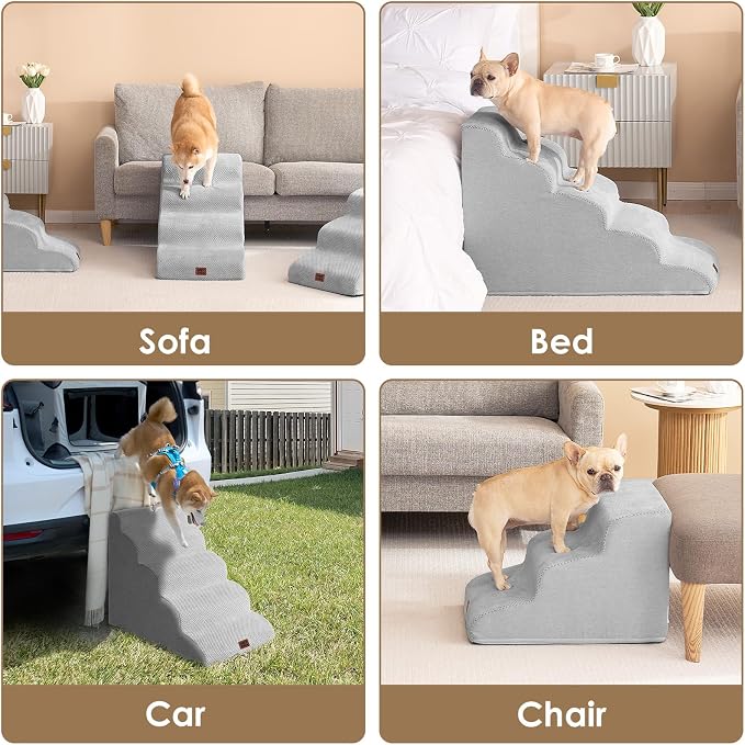 EHEYCIGA Curved Dog Stairs Ramp, 3-Step Dog Steps, 15.7" H Pet Step | 33D density of pure foam, for Small Dogs and Cats, Pet Stairs for High Bed Climbing, Non-Slip Balanced Indoor, Light Grey