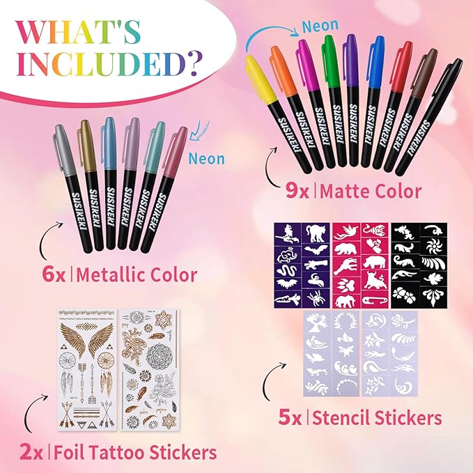 Temporary Tattoo Markers for Skin, 15 Colors Tattoo Pen + 50 Paint Stencils + 43 Tattoos Stickers, Glitter & Matte & Neon Glow Body Marker Set, Removable Fake Tattoos Kit for Teens and Adult