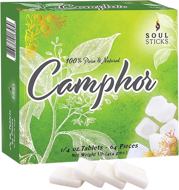 SOUL STICKS Natural Camphor Blocks,Pure Camphor Tablets for Aromatherapy & Puja - Alcanfor en Bloques, Alcanfor en Bolitas, Kapoor for Pooja (450 Grams (64 Tablets))