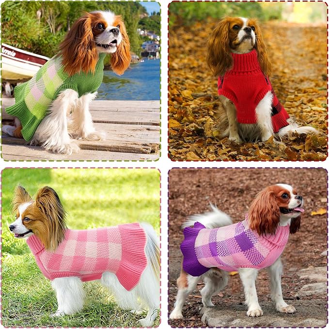 Dog Sweater Dress Plaid Knitwear for Small Medium Dogs Warm Puppy Pet Turtleneck Stretch Pullover Cute Fall Winter Vest Clothes with Leash Hole for Christmas (Red, XS)