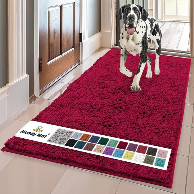 Muddy Mat® | Super Water Absorbent Door Mat Indoor, Microfiber Quick Dry Chenille Entryway Rug, Slip Resistant Front Door Mat, Indoor Mats for Entryway, Machine Washable Pet Rug, Maroon 24" x 120"