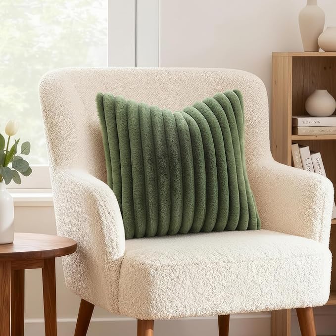 decorUhome Fall Faux Fur Throw Pillow Covers 20x20 Set of 2 Olive Green | Decorative Soft Cozy Striped Plush Modern Farmhouse Boho Couch Pillow Cases Velvet Back for Sofa Bed Living Room Home Decor