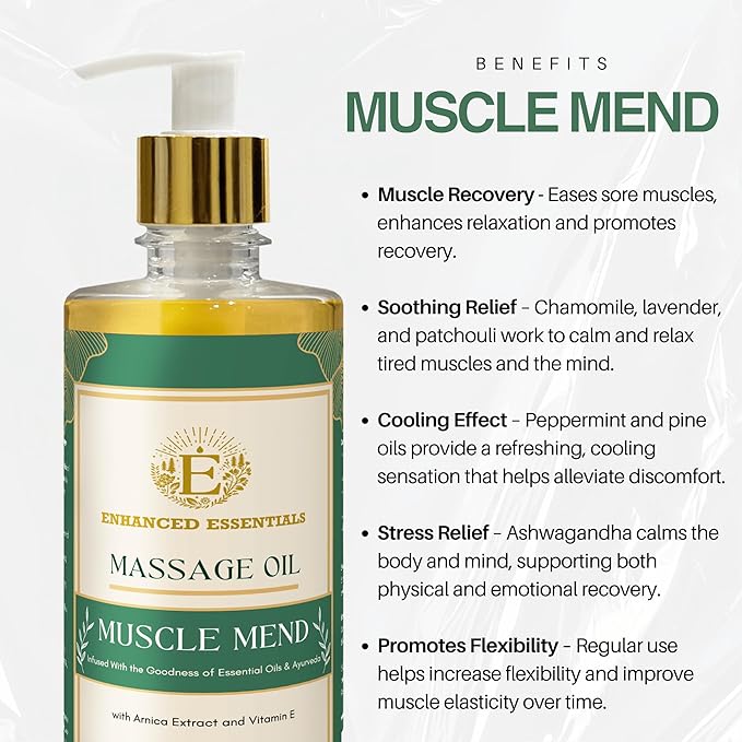 Muscle Recovery Massage Oil by Enhanced Essentials |Deep Restorative Formula with Ayurvedic Extracts,Pure Essential Oils & Vitamin E |Relieves Fatigue,Soothes Post-Workout Strain |16.9 fl oz (500ml)