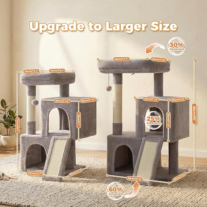 PAWZ Road Cat Tree, 35" Cat Tower with Dual Condos for Indoor Cats,Gray | cat tree tower with enlarged perch, scratching ramp, dual condos and large base for small & adult cats