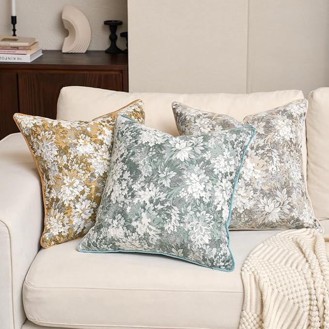 Alerfa Light Blue Neutral Floral Pillow Cover 20 x 20 Inch, Vintage Chenille Square Couch Pillow Cover Soft Decorative Farmhouse Accent Pillowcase for Living Room Bedroom