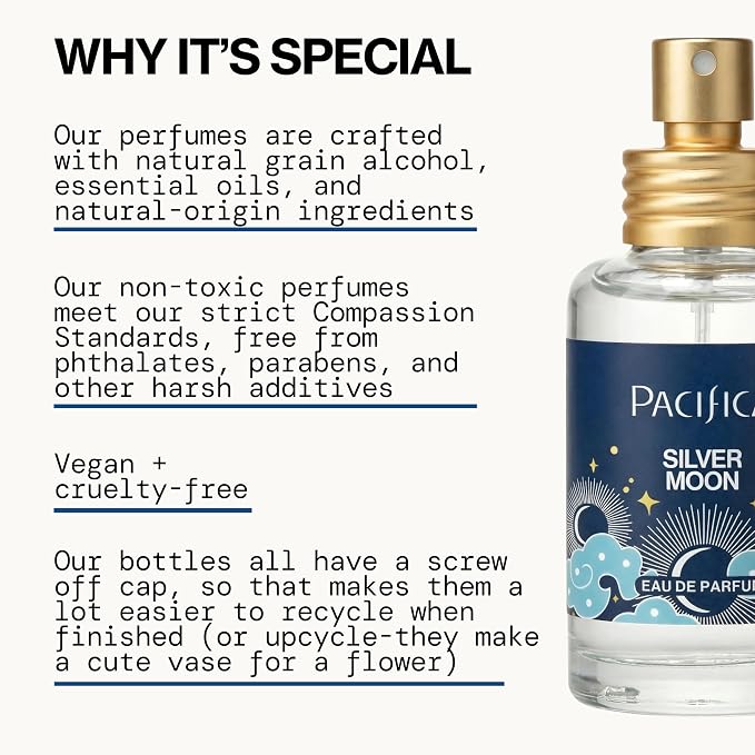 Pacifica Silver Moon Perfume 1oz – Long-Lasting Warm Vanilla & Almond Clean Fragrance for Women Vegan, Cruelty-Free, Essential Oils, Non Toxic