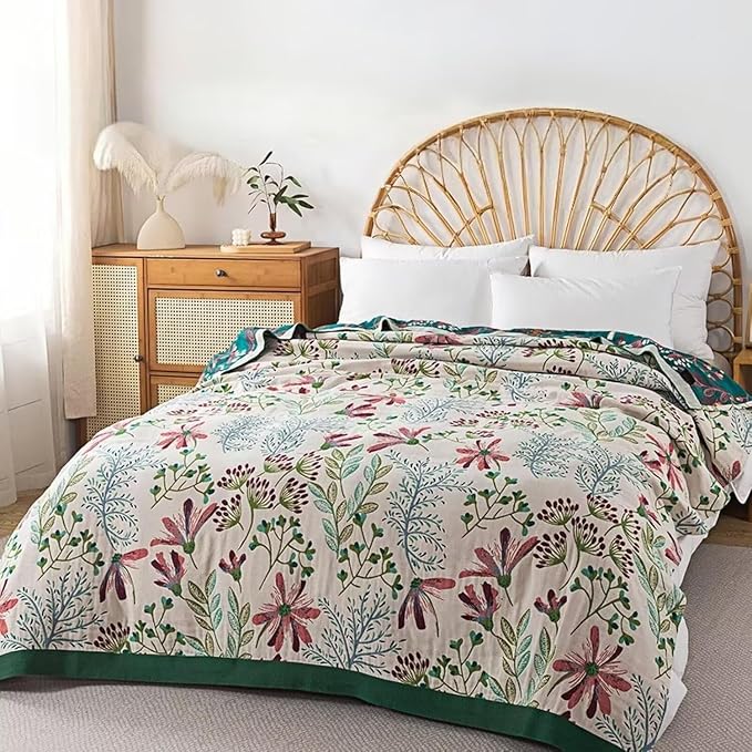 Boho Throw Blanket for Bed 100% Cotton Bohemian Blankets Ultra Soft Woven Muslin Decorative Blankets All Seasons Vintage Quilt Knitted Blanket for Sofa Chair(Green, 90"x98")