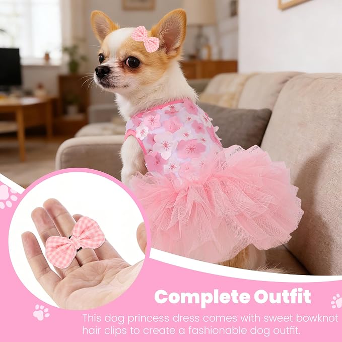 Dog Dresses for Small Dogs Girl, Fashion Small Dog Clothes for Girls, Teacup Chihuahua Toy Poodle Puppy Clothes and Bows, Summer Lightweight Sweet Princess Tutu with Dog Bowknot Clips, Pink
