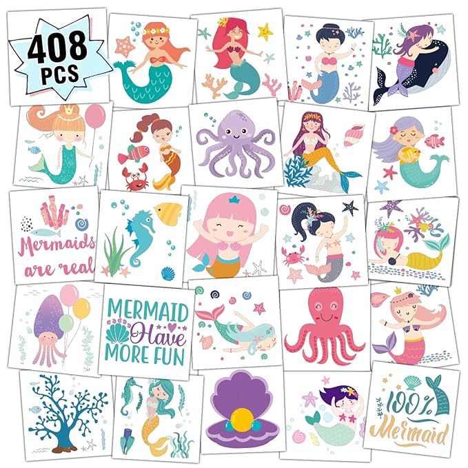 Partywind 408 PCS Kids Tattoos for Party Supplies, Individually Wrapped Sheet Temporary Tattoos Stickers for Kids Goodie Bag Stuffers, Fun Birthday Party Favors - Mermaid