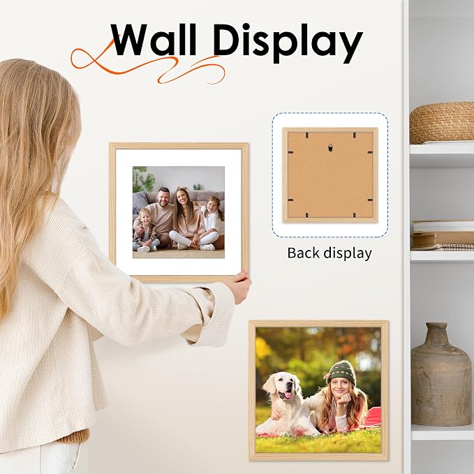 12x12 Picture Frame Natural Set of 2, Photo Frame with HD Plexiglass, Display Pictures 8x8 with Mat or 11x17 Without Mat, Gold Picture Frames Collage Wall Decor, Gallary Wall Frame