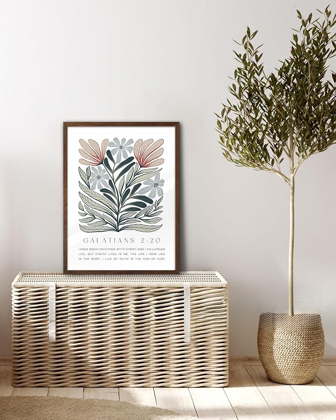 EcoHest 12x16 in Galatians 2:20 Abstract Floral Framed Christian Wall Art | Walnut Color Solid Oak Frame，Canvas Wall Art, Boho Scripture Bible Verse Decor for Bedroom, Living Room, Office, Church,1Pack