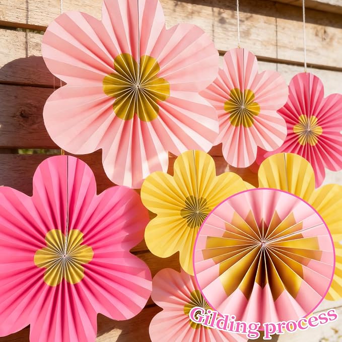 SUNBEAUTY Paper Flowers Decorations for Wall Gold Flower Party Decorations Hanging Fans Floral Backdrop Decor Mothers Day Birthday Wedding Baby Shower Decoration Wall Set of 9