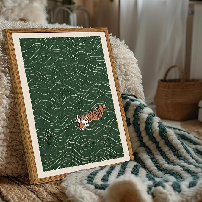Framed Japanese Tiger Wall Art, Vintage Tiger Swimming Pictures Wall Decor, Funny Wild Animal Paintings Canvas Prints Eclectic Home Decor for Living Room Bedroom Bathroom 16x24 inch