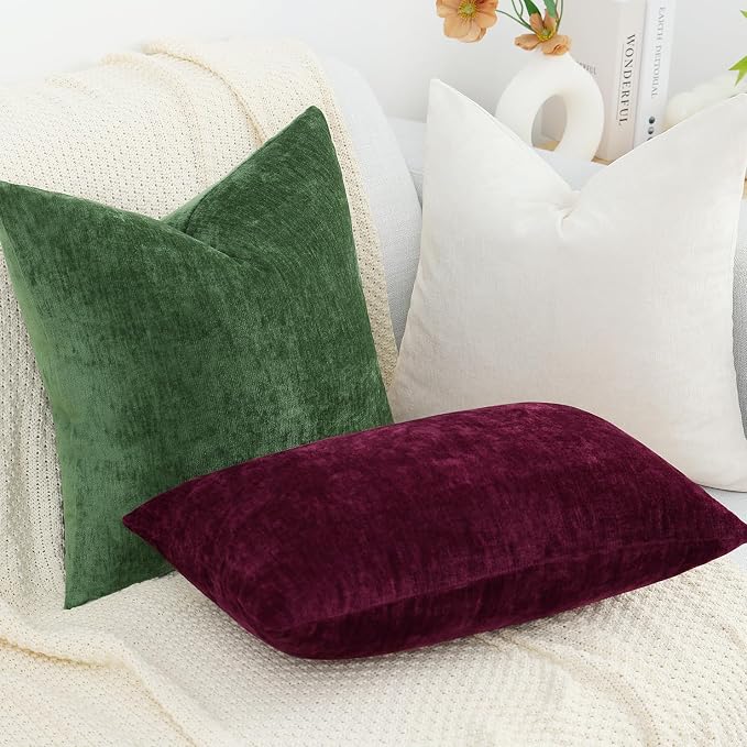 decorUhome Soft Chenille Burgundy Throw Pillow Covers 18X18 Set of 2 | Decorative Fall Couch Pillow Covers Solid Dyed Accent Modern Farmhouse Neutral Square Pillow Cases for Sofa