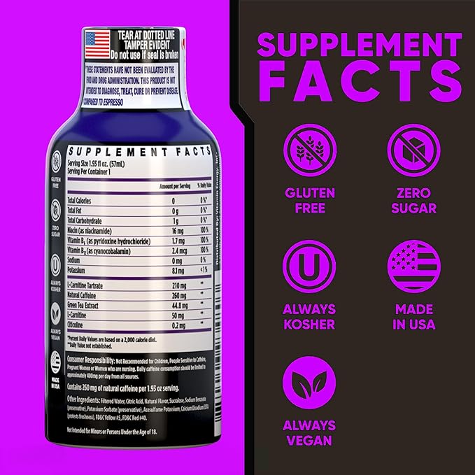 Vitamin Energy Immune+ Extra Strength Energy Shot Grape 10 Pack, 260mg Natural Caffeine, B-Vitamins, Citicoline, Green Tea, Immunity & Focus Support, Zero Sugar, Gluten-Free 1.93 fl oz
